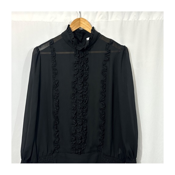 Frame Ruffle Smocked Long Sleeve Mock Neck Blouse in Black - Picture 3 of 11